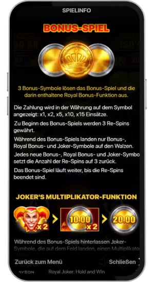Seite mit Bonusspielregeln